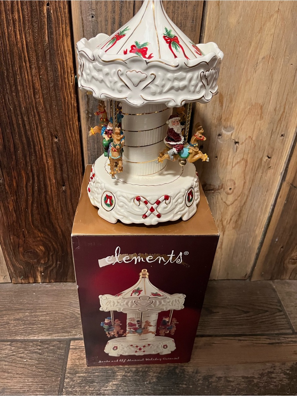 Element White and Gold Holiday Carousel Music Box with Red Accents